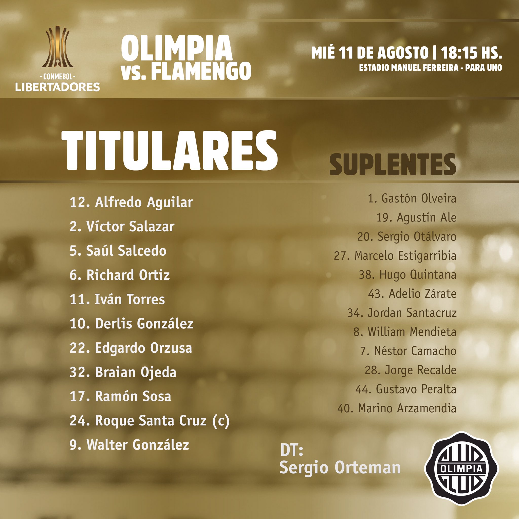 Olimpia escalado para pegar o Flamengo pelas quartas de final da Libertadores