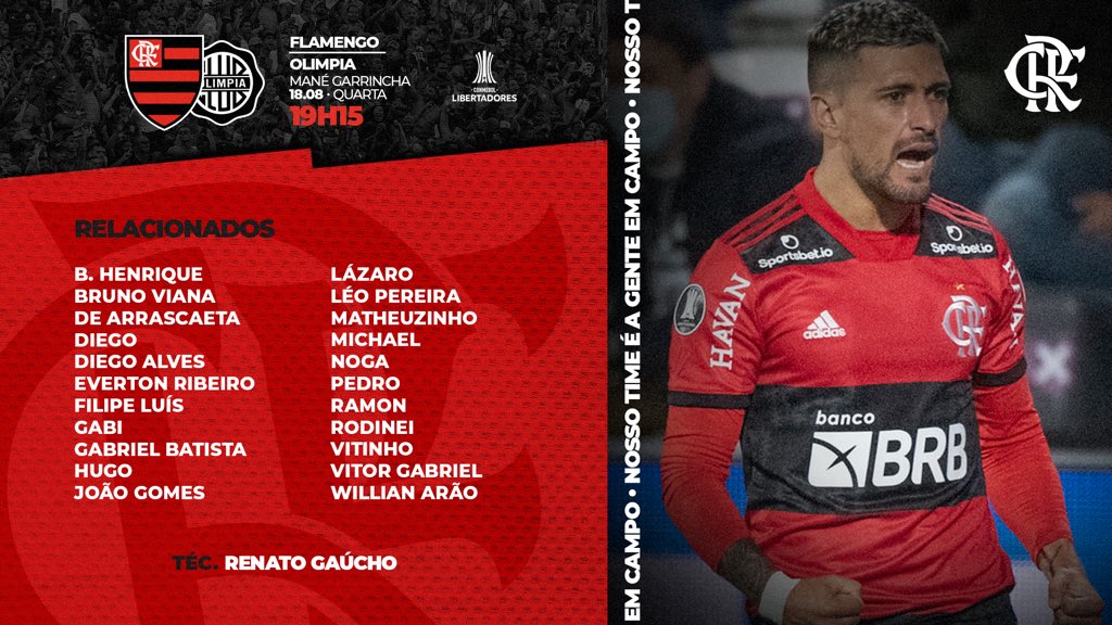 Flamengo divulga lista de relacionados para jogo contra o Olimpia, pelas quartas de final da Libertadores