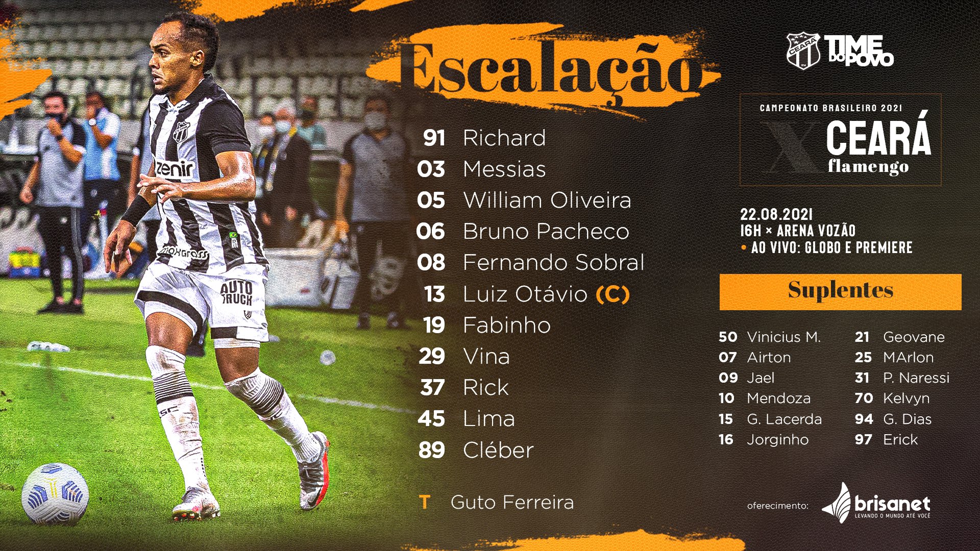 Ceará escalado para pegar o Flamengo pelo Campeonato Brasileiro