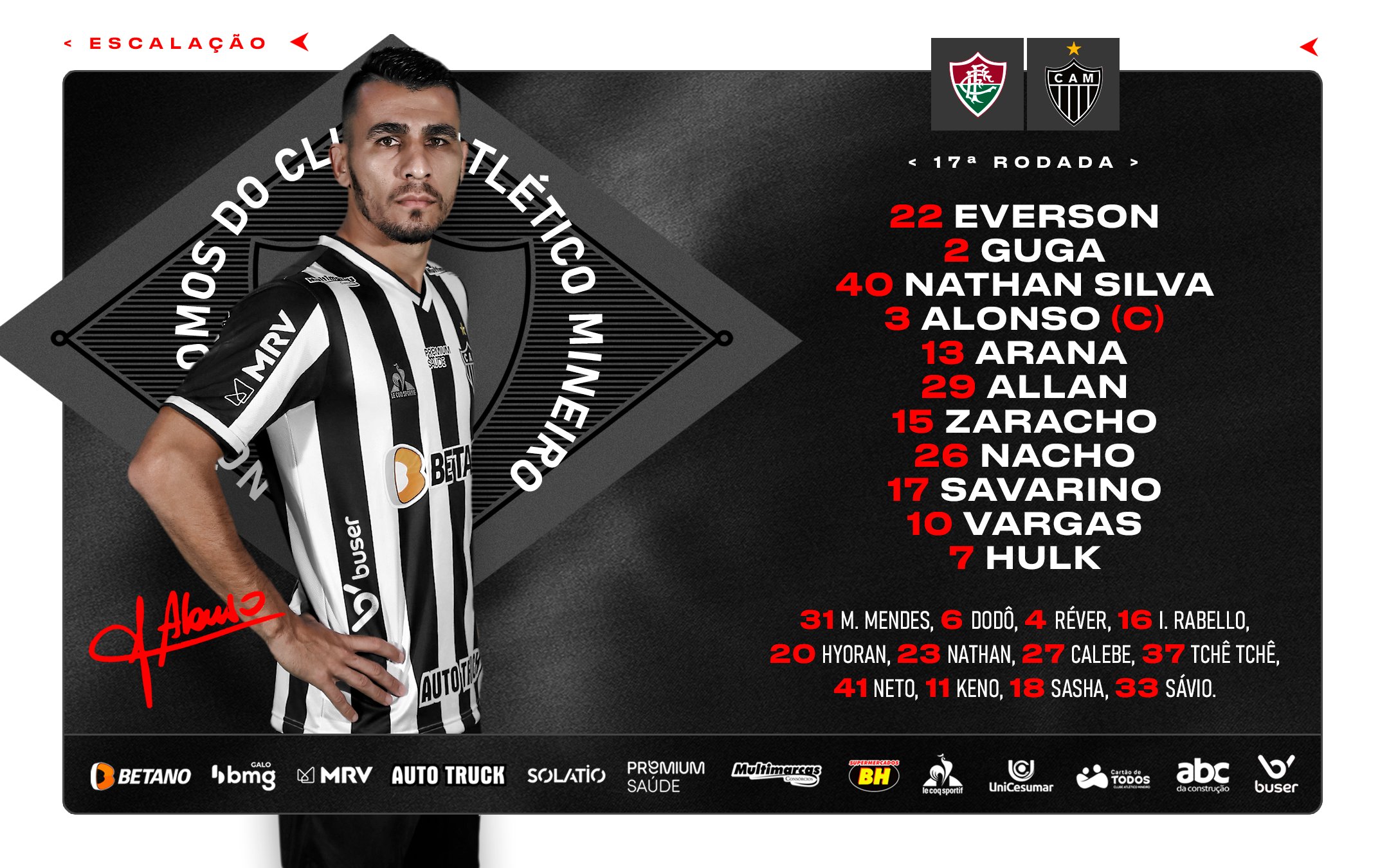 Atlético-MG escalado para pegar o Fluminense pelo Campeonato Brasileiro