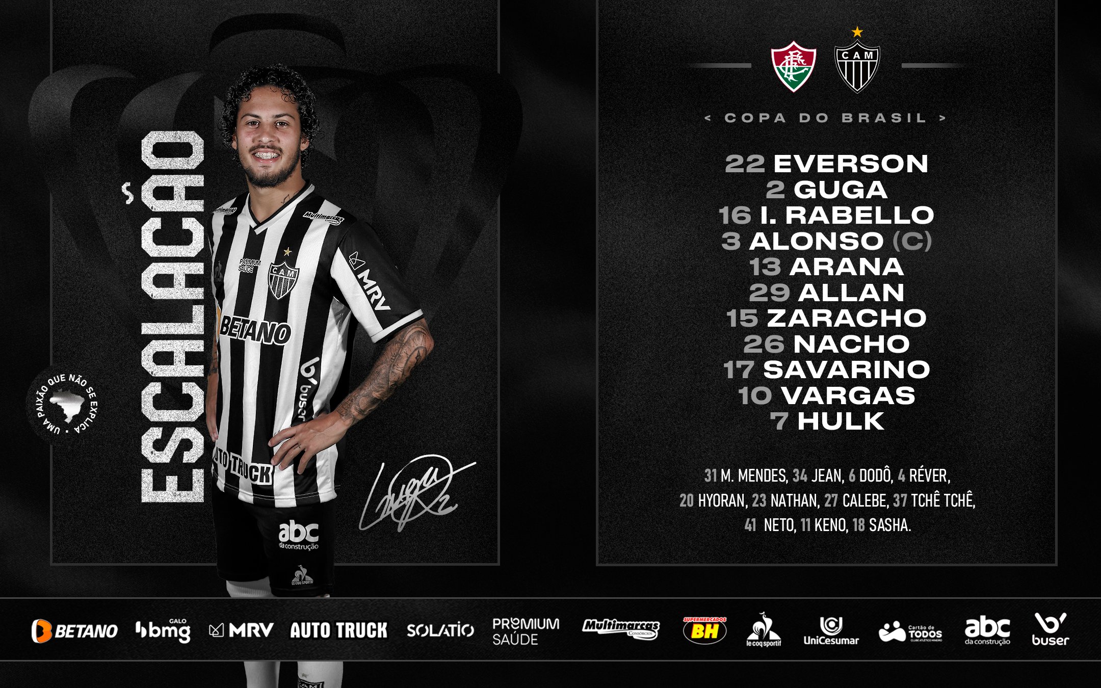 Atlético-MG escalado para pegar o Fluminense pelas quartas de final da Copa do Brasil