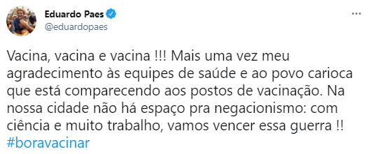 Publicação do prefeito Eduardo Paes no twitter