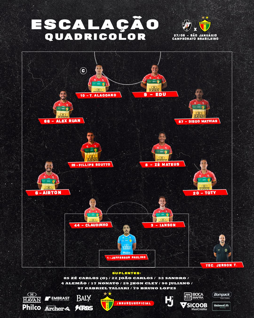 Brusque escalado para pegar o Vasco pela Série B