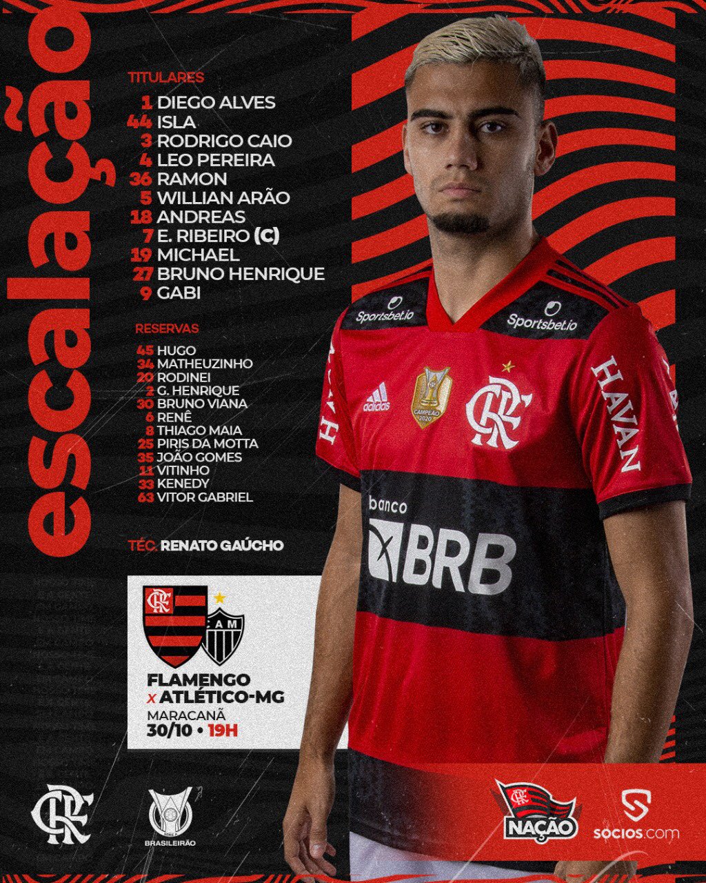 Flamengo escalado para pegar o Atlético-MG pelo Campeonato Brasileiro
