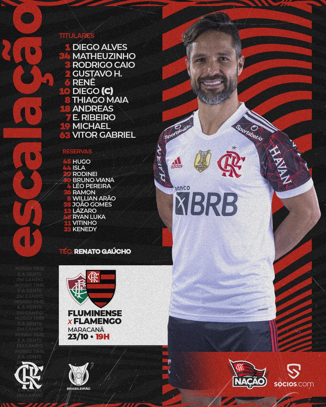 Flamengo escalado para pegar o Fluminense pela Série A do Campeonato Brasileiro