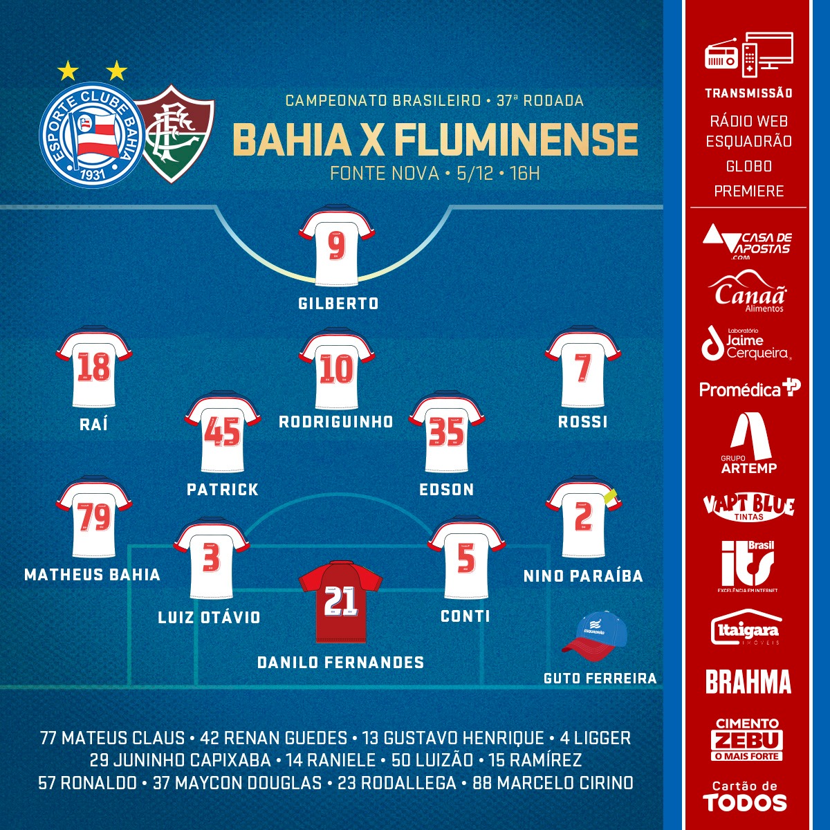 Bahia escalado para pegar o Fluminense pelo Campeonato Brasileiro