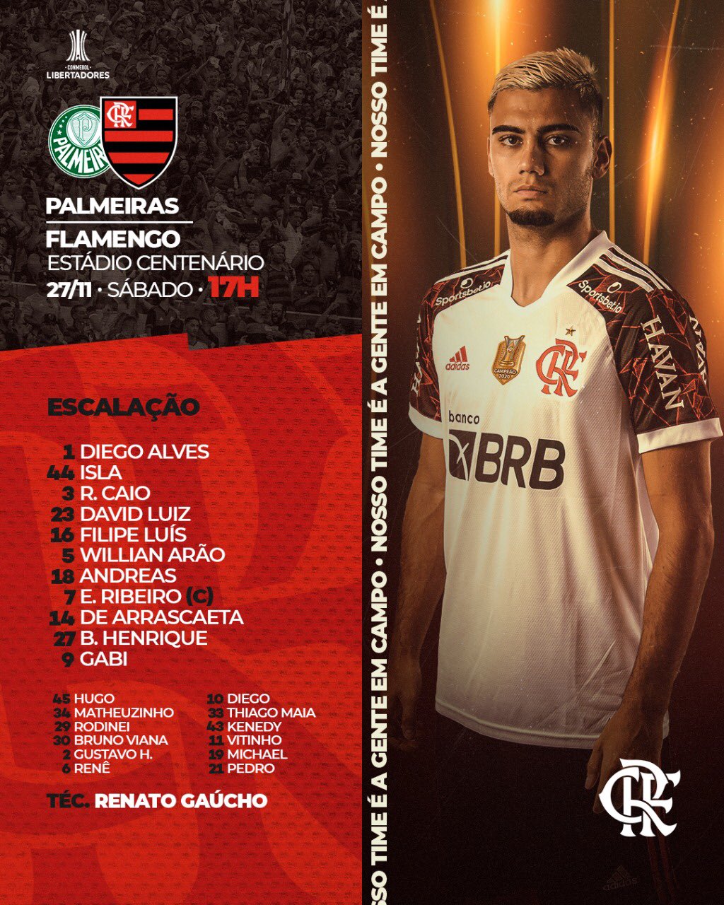 Flamengo escalado com força máxima para pegar o Palmeiras pela final da Libertadores