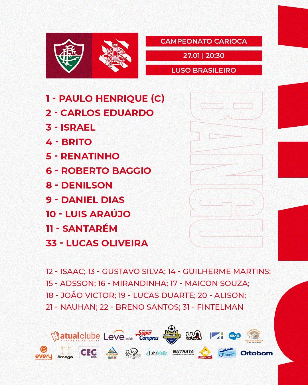 Bangu escalado para pegar o Fluminense pelo Campeonato Carioca