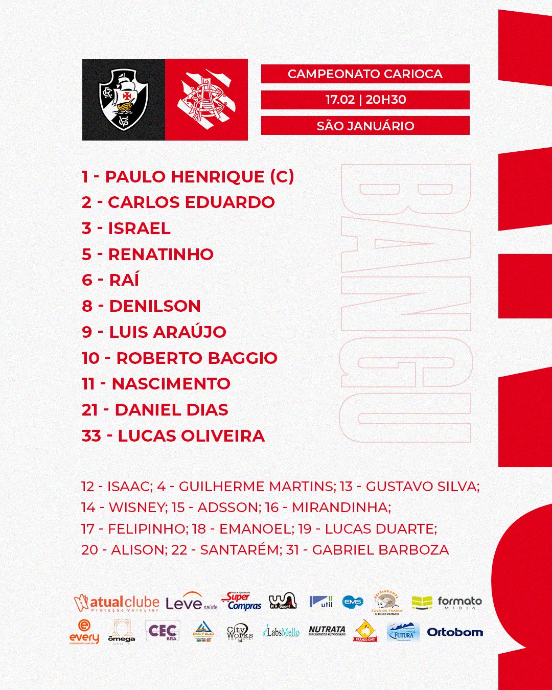 Bangu escalado para pegar o Vasco pelo Campeonato Carioca