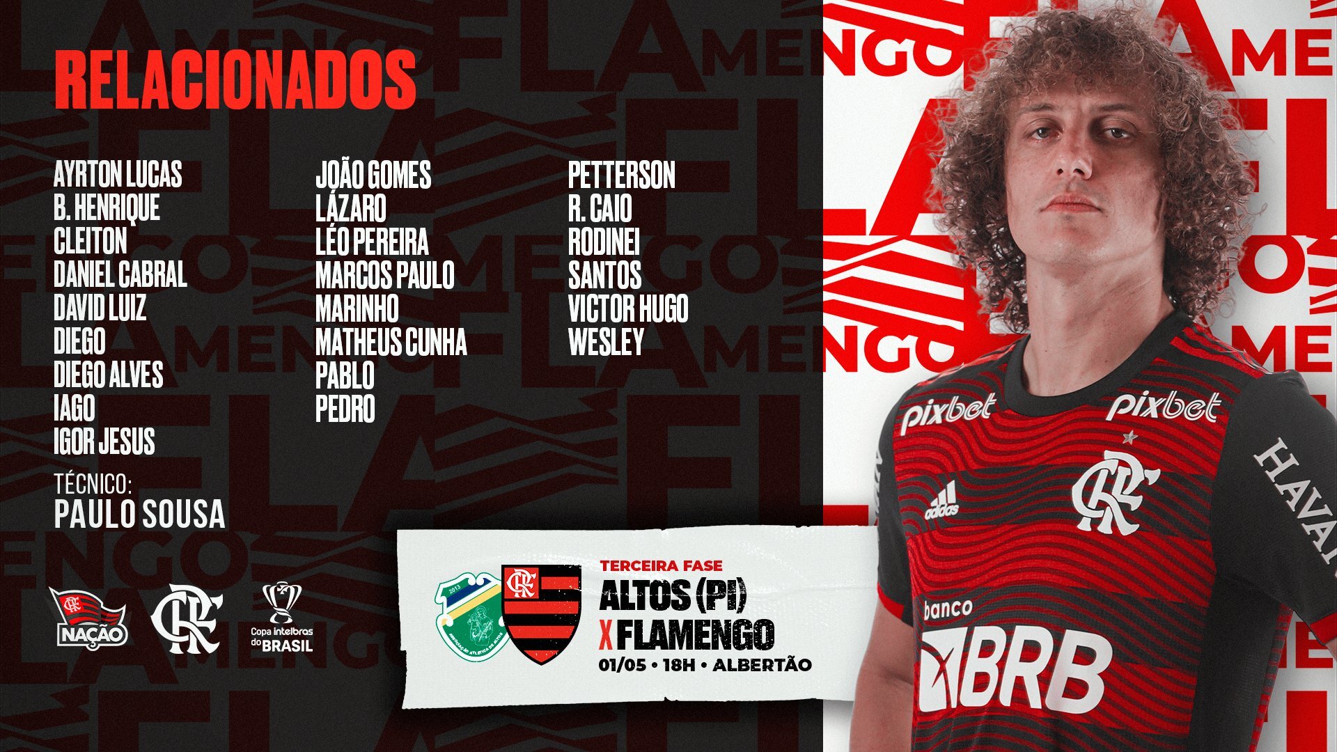 Lista de Relacionados do Flamengo para pegar o Altos-PI pela terceira fase da Copa do Brasil