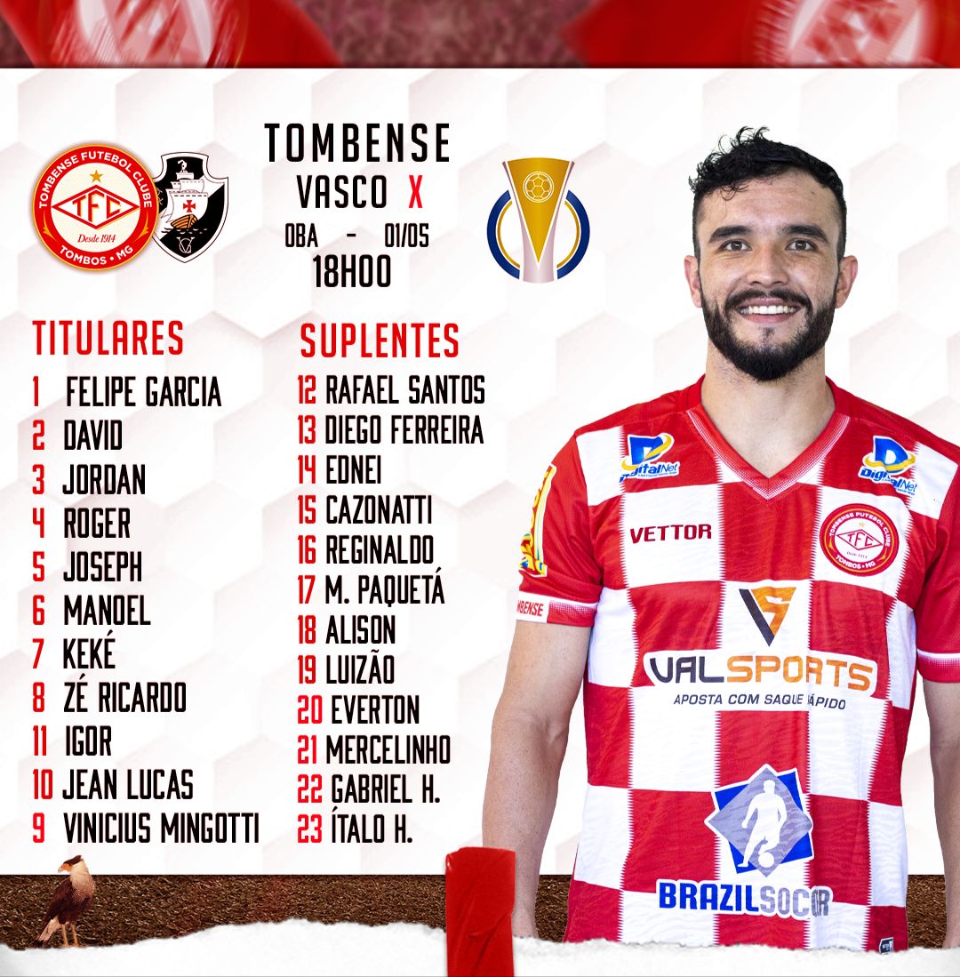 Tombense escalado para pegar o Vasco pela Série B do Campeonato Brasileiro