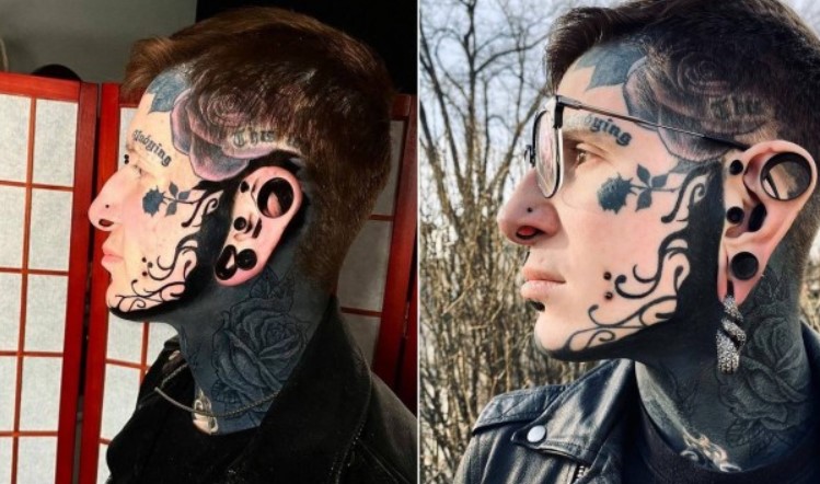 Homem tatua praticamente o corpo todo e modifica a orelha