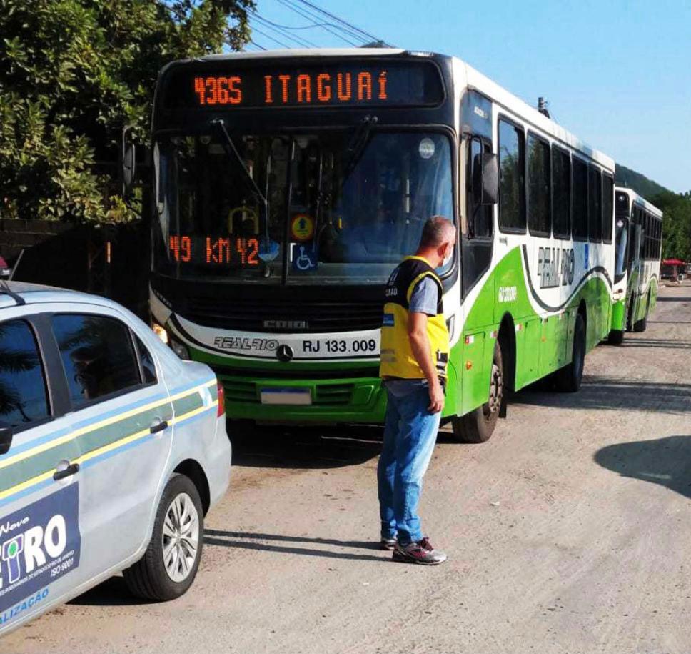 Imagem de um ônibus, um carro e um fiscal do Detro-RJ