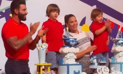 Gusttavo Lima e Andressa Suita cantando parabéns pros filhos