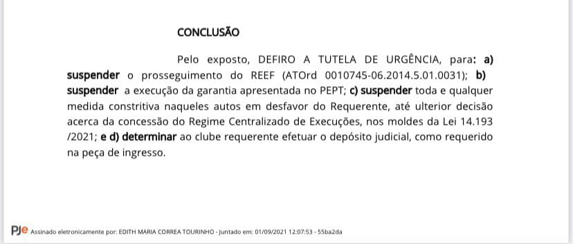 Decisão de Edith Maria Correa Tourinho que suspendeu o Regime Especial de Execução Forçada (REEF)