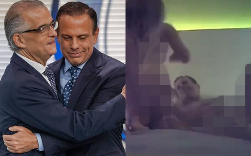 Márcio França abraçando João Doria e print do vídeo da suposta suruba