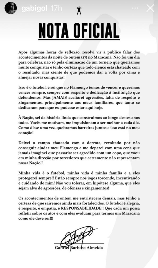 Nota oficial do Gabigol após confusão com torcedores do Flamengo