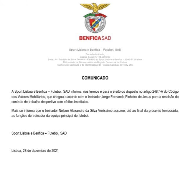 Nota oficial Benfica
