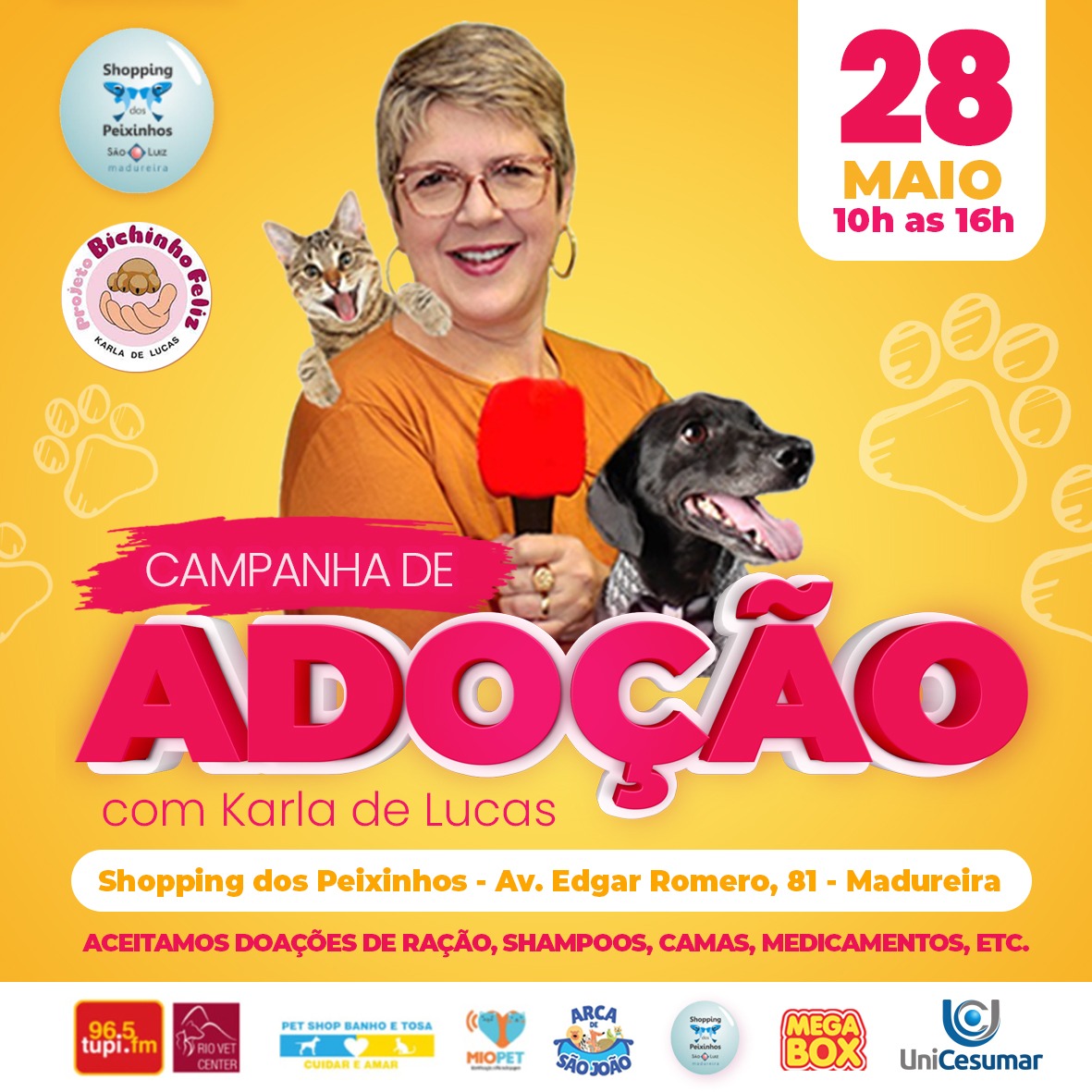 Cães e gatos estarão disponíveis para receber a visita do público das 10h ás 16h no Shopping dos Peixinhos