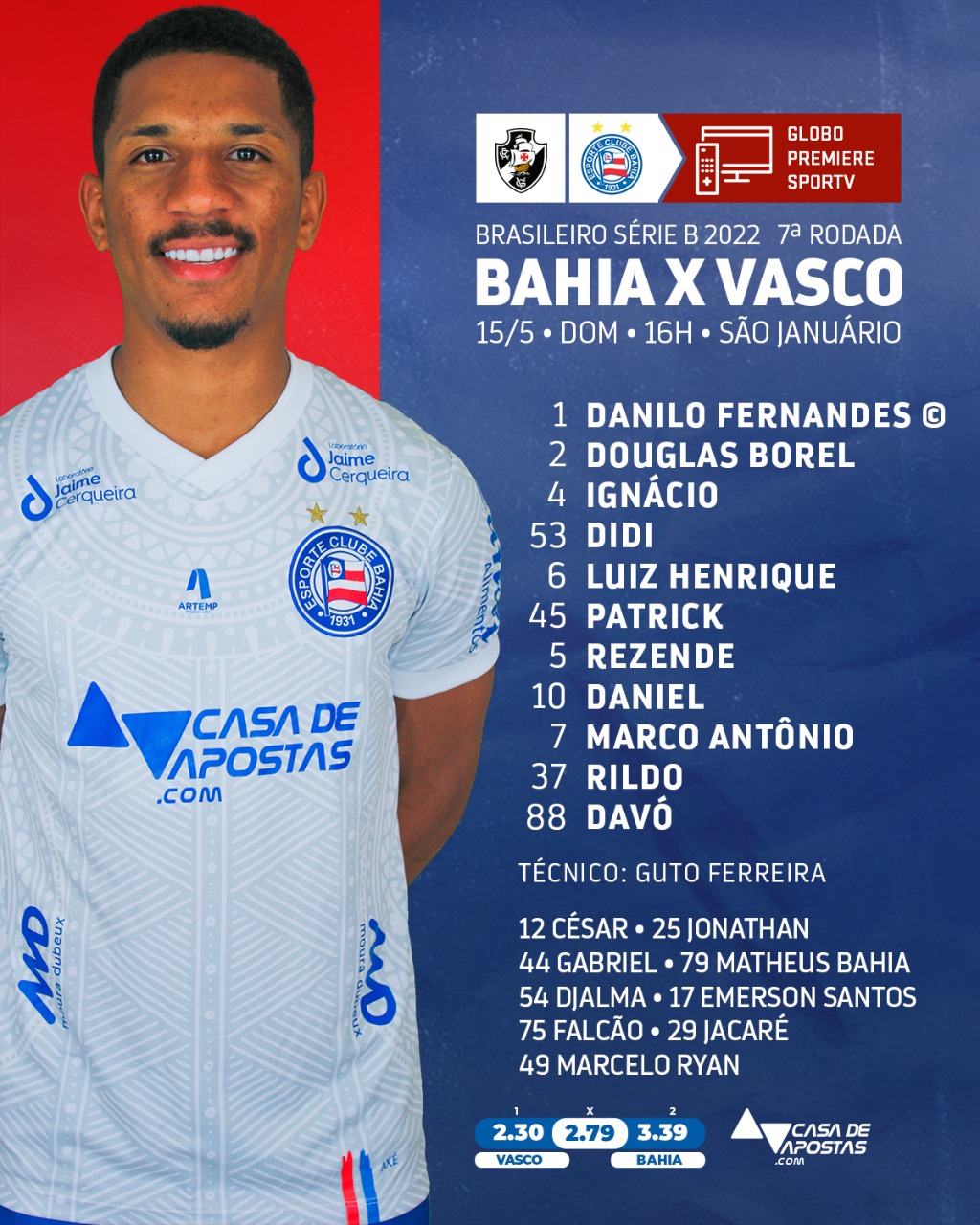 Bahia escalado para pegar o Vasco pela Série B do Campeonato Brasileiro