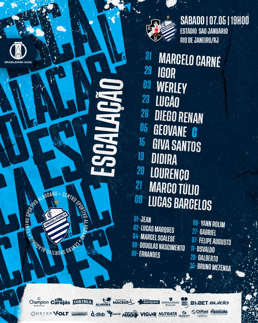 CSA escalado para pegar o Vasco pela Série B do Campeonato Brasileiro