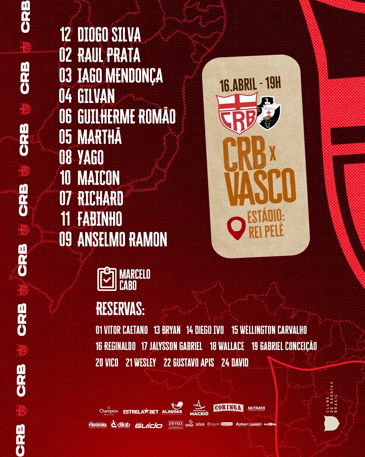 CRB escalado para pegar o Vasco pela Série B do Campeonato Brasileiro