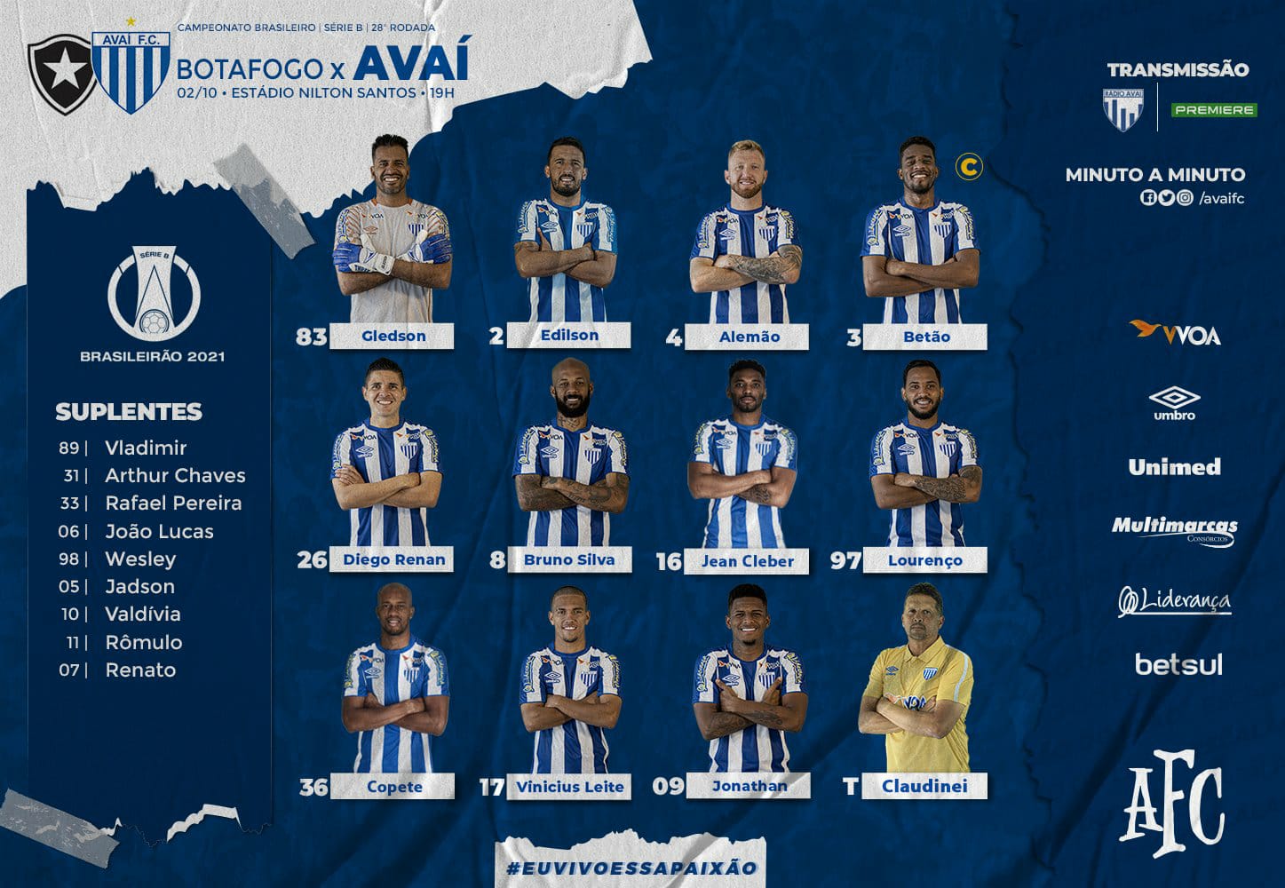 Avaí está escalado para pegar o Botafogo pela Série B