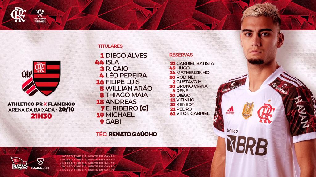 Flamengo escalado para pegar o Athletico-PR pelo Campeonato Brasileiro