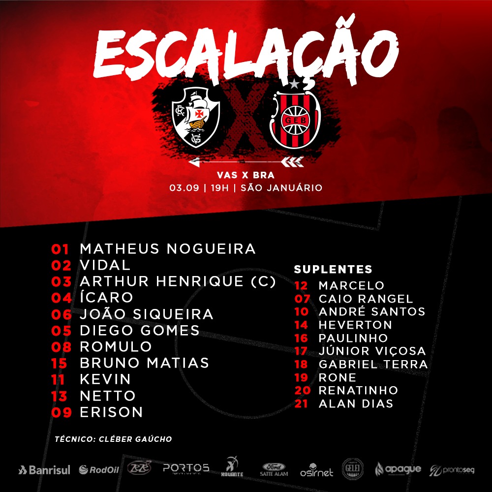 Brasil de Pelotas está escalado para pegar o Vasco pela Série B