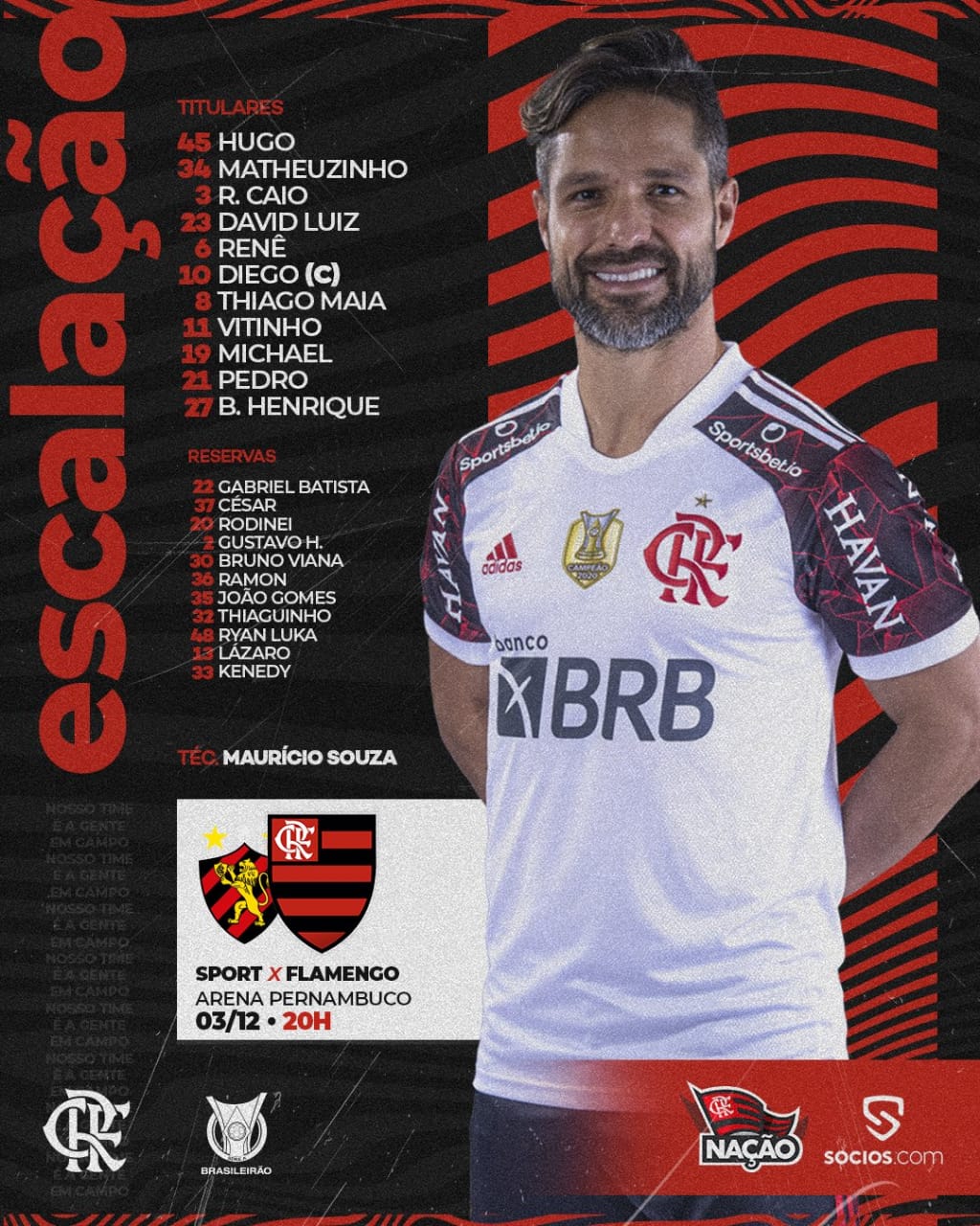 Flamengo escalado para pegar o Sport pelo Campeonato Brasileiro