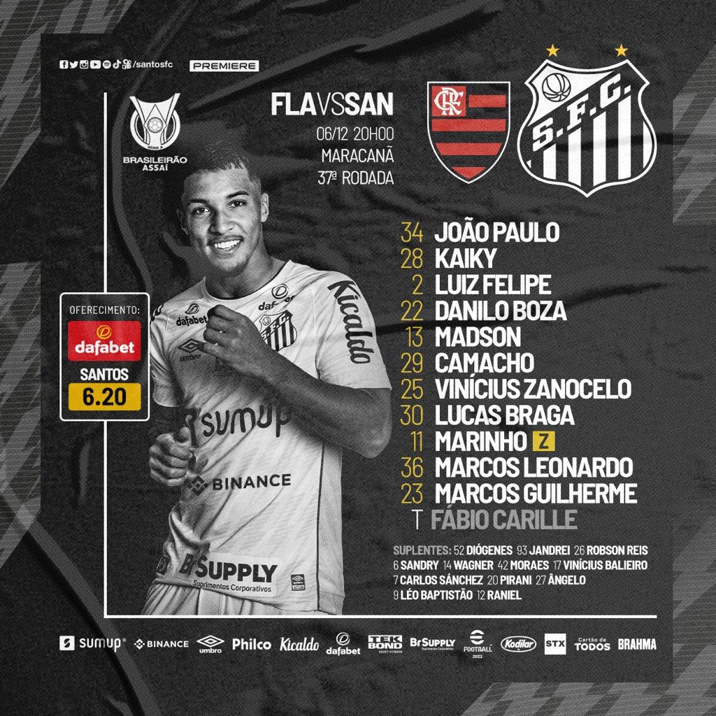 Santos escalado para pegar o Flamengo pelo Campeonato Brasileiro