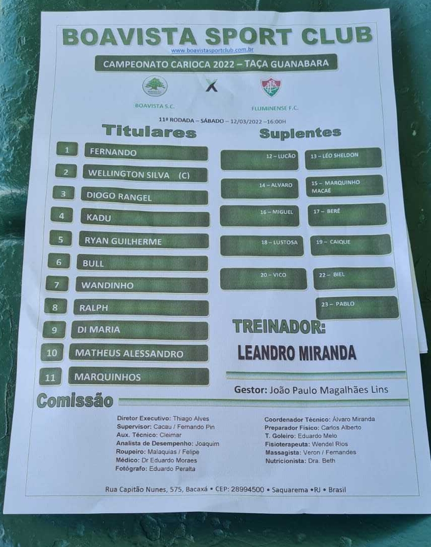 Boavista escalado para pegar o Fluminense pelo Campeonato Carioca