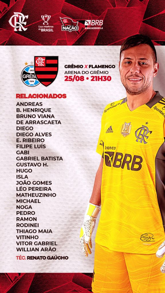 Flamengo divulga lista de relacionados para o duelo contra o Grêmio