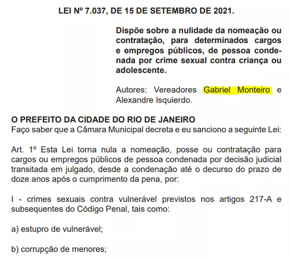 Lei 7.037, de autoria de Gabriel Monteiro. (Foto: Reprodução)