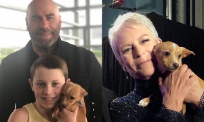 John Travolta ao lado do filho e Jamie Lee Curtis