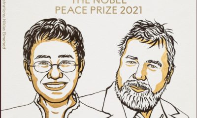 Ilustração mostra Maria Ressa e Dmitry Muratov, vencedores do Nobel da Paz de 2021