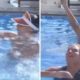 Solange Gomes e Aline Mineiro tentam fugir de maribondos na piscina