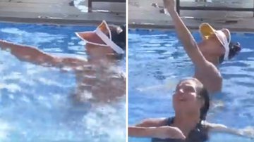 Solange Gomes e Aline Mineiro tentam fugir de maribondos na piscina