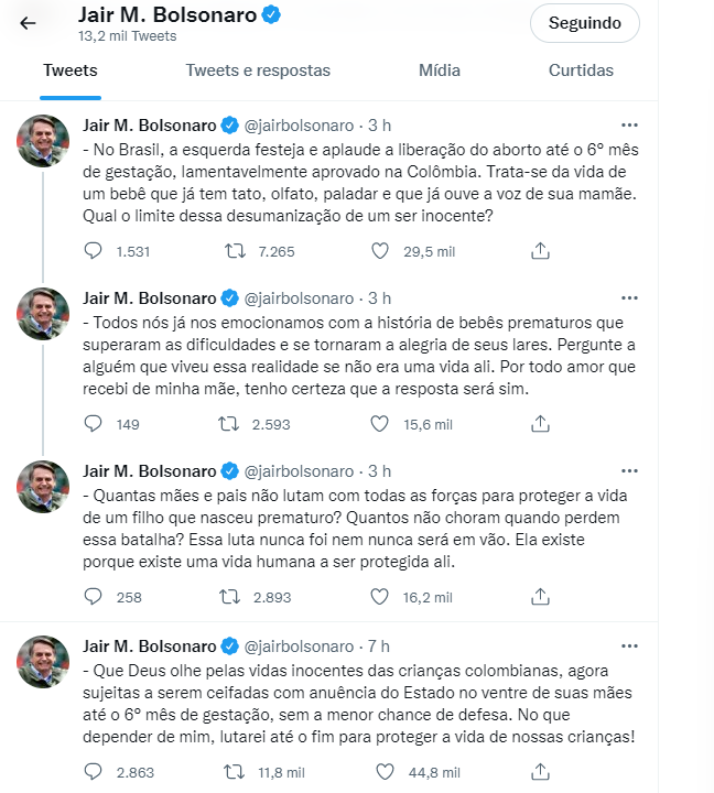 Tweets de Jair Bolsonaro sobre o caso na Colômbia e o comentário de Manuela D'ávila. (Foto: Jair Bolsonaro/Twitter)