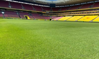 Gramado da Arena Pernambuco, em Recife, recebe tratamento especial para jogo entre Brasil e Peru pelas Eliminatórias