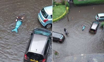 "Sereia" é vista nadando em inundação no Reino Unido